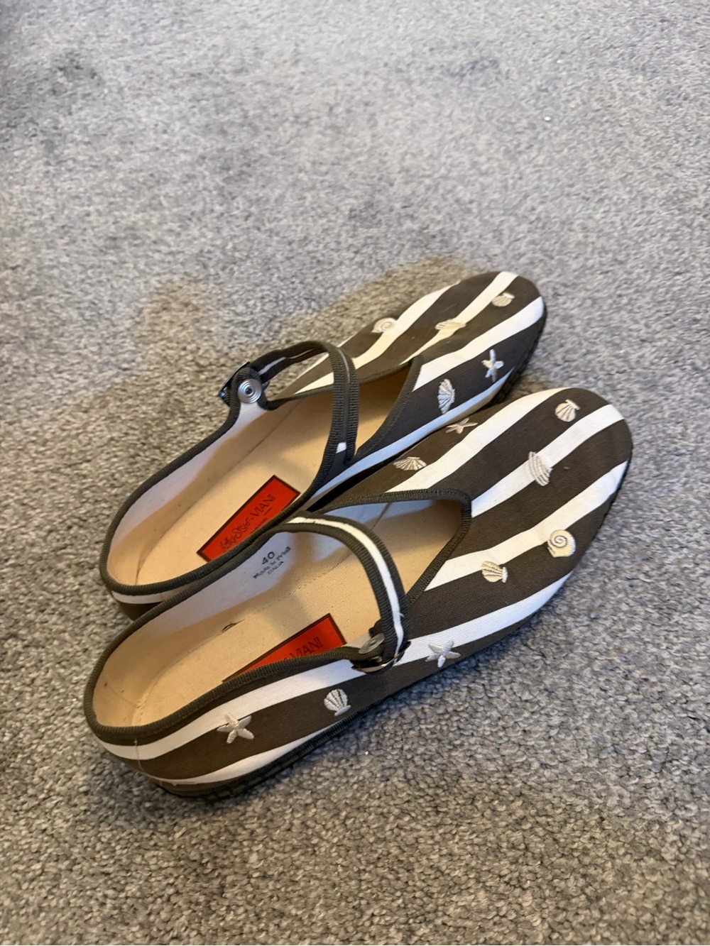 Lily Sisto x Viani Striped Shell-Embellished Mary Jane Flats